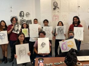Artist Arely Morales leads a workshop for young students where they learned the foundations of self-portraiture and its potential for self-expression.